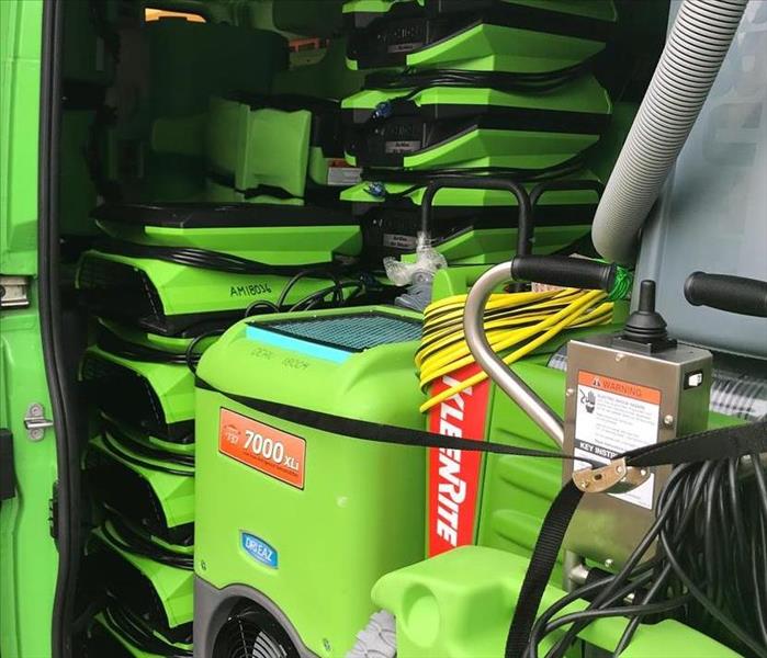 SERVPRO equipment in a vehicle. 